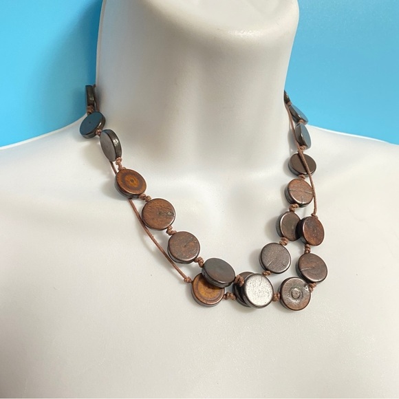NY & Co Wood Disc Beads Boho Cord Hand Knot Necklace - Picture 2 of 7
